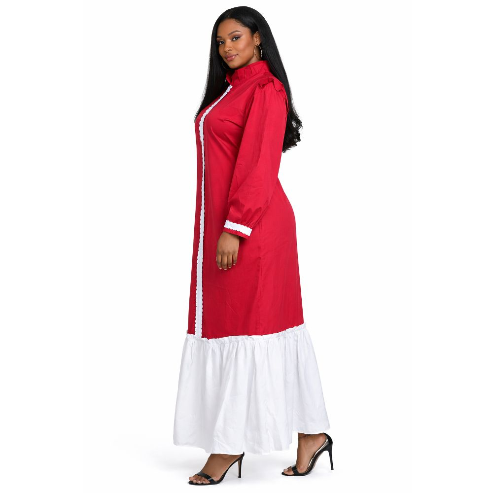 Two Tone Long Sleeve Fitted Dress with Ruffle Hem